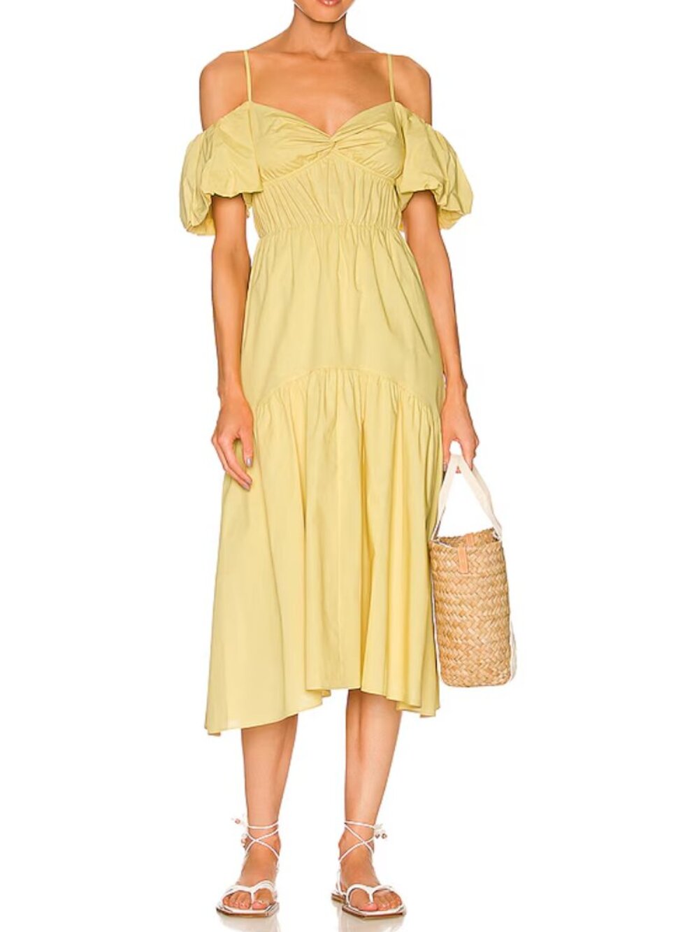 Vince Draped Puff Sleeve Tiered Dress Warm Sand Yellow Size 2